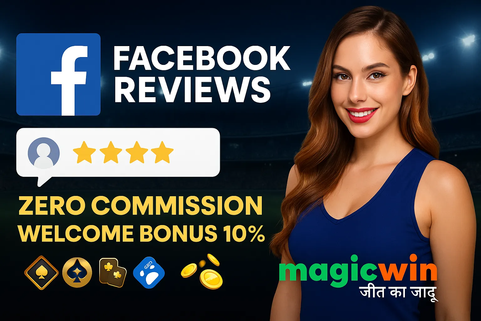 MagicWin Facebook reviews with happy users in stadium background, showing Zero Commission and 10% Welcome Bonus