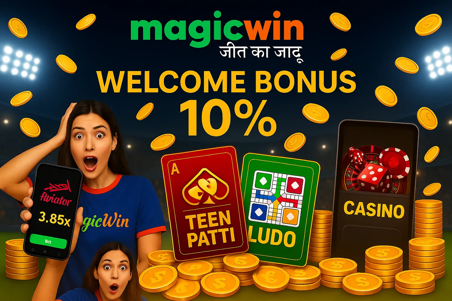 MagicWin Trustpilot Ratings banner showing Teen Patti, Aviator, Ludo, and casino games with coins and club background.