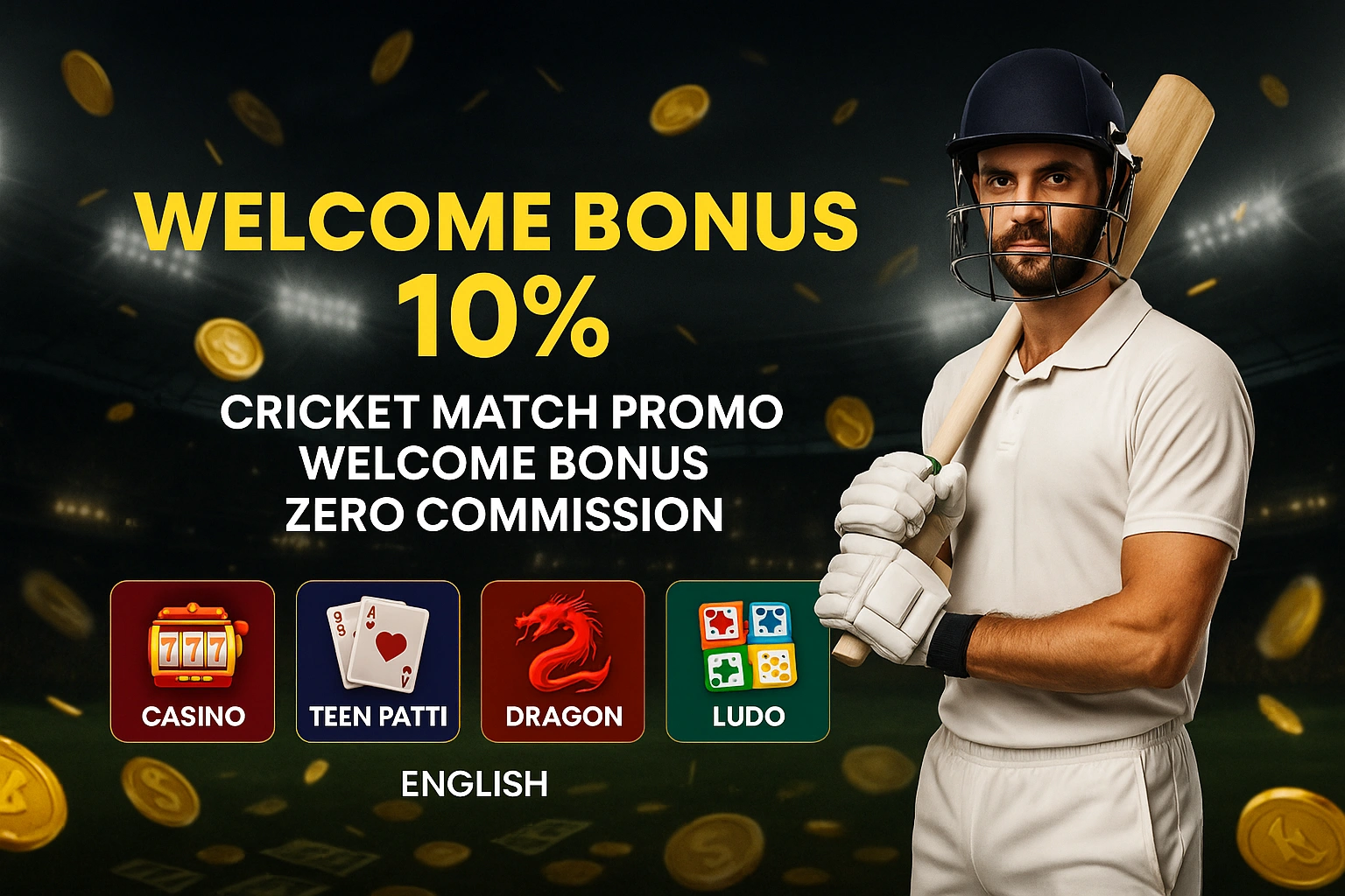 MagicWin 10% Welcome Bonus cricket betting banner with stadium background, money coins, and casino game icons like Teen Patti, Dragon, Ludo, Aviator.