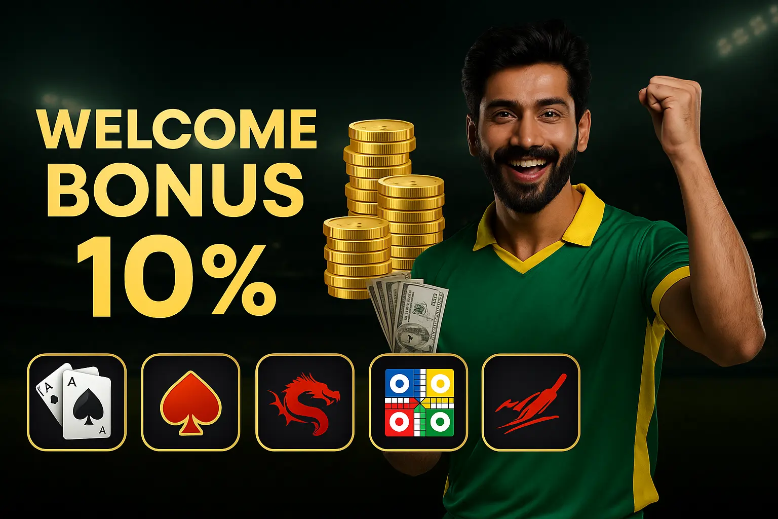 MagicWin promotional banner with casino, teen patti, dragon, ludo, and aviator icons over a money and stadium background – highlighting brand ambassador case study.
