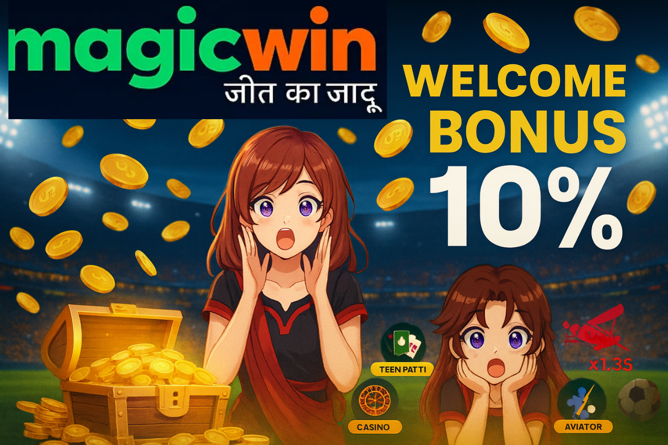 MagicWin game rules banner showing Casino, Aviator, and more with stadium background.
