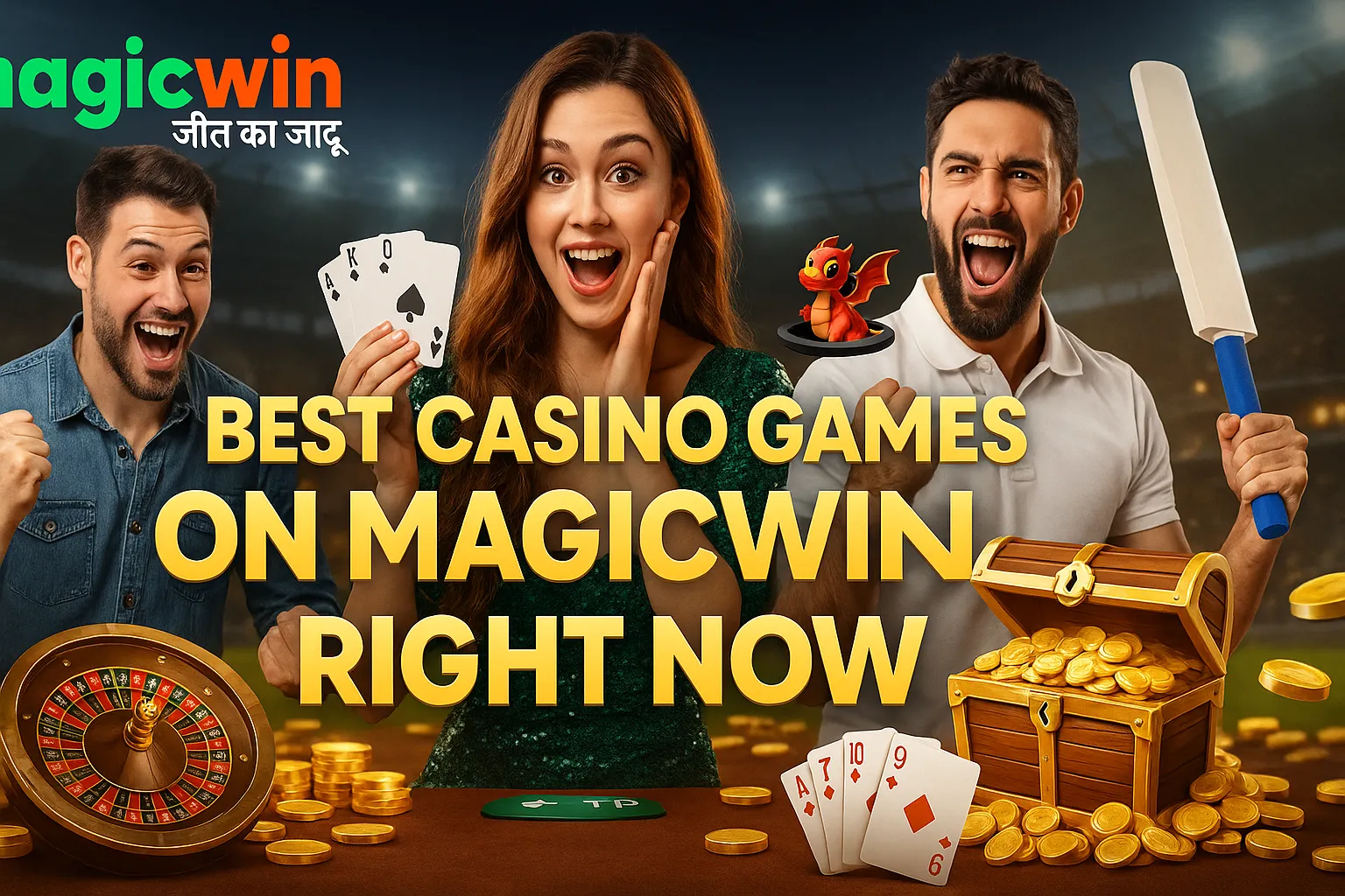 Best casino games on MagicWin with players enjoying slots, Teen Patti, and Dragon Tiger.