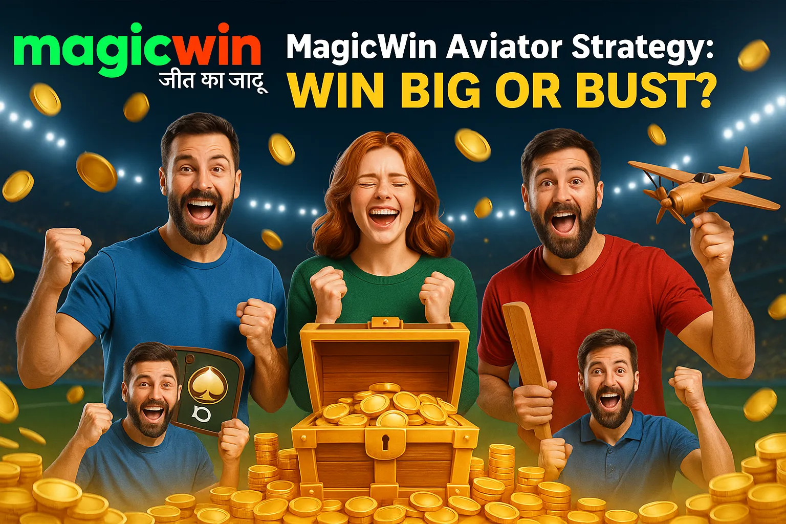 MagicWin Aviator strategy banner showing casino games, players, and winning theme with big bonus offer.