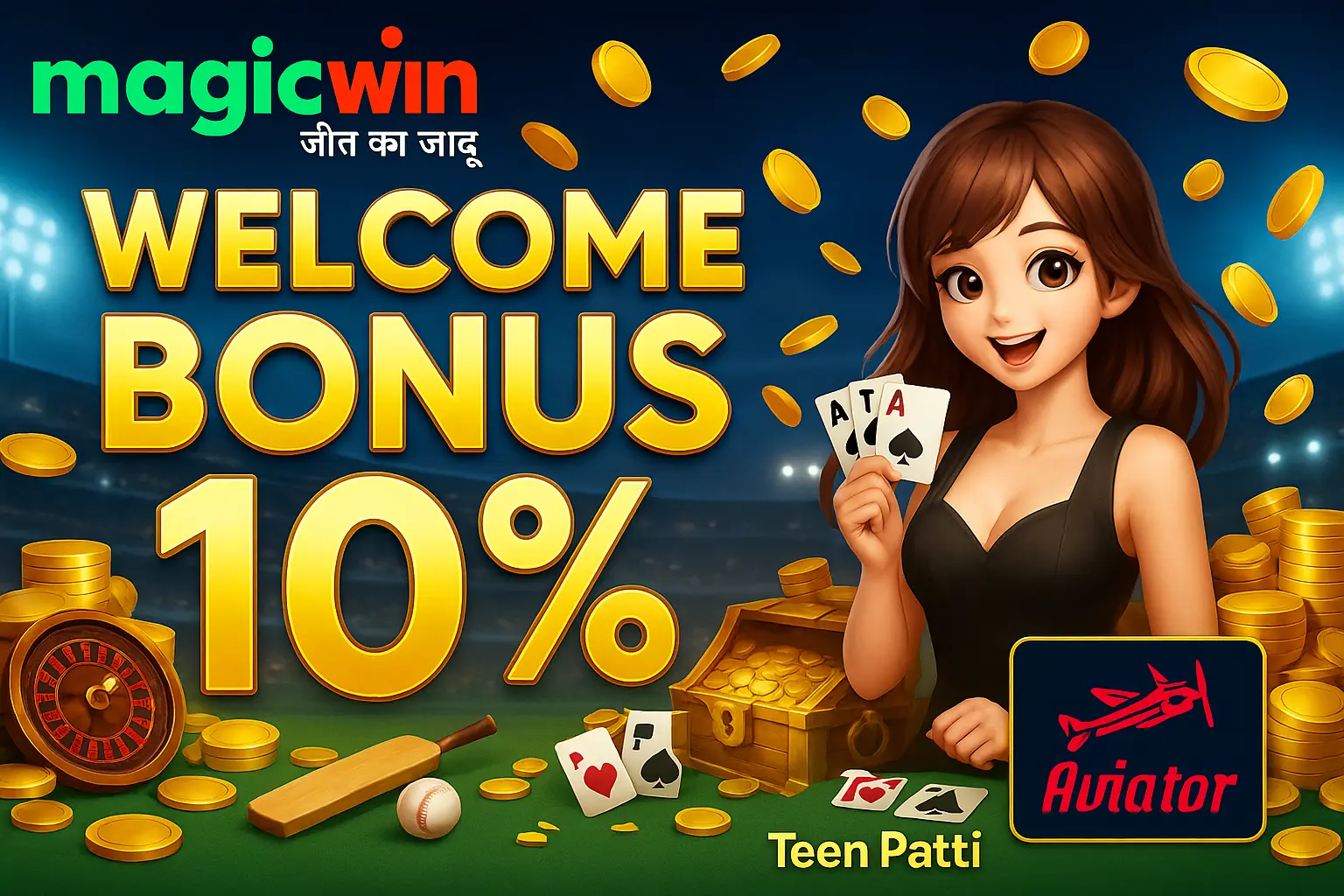 MagicWin real money games banner featuring Casino, Teen Patti, Aviator, and Cricket that actually pay.