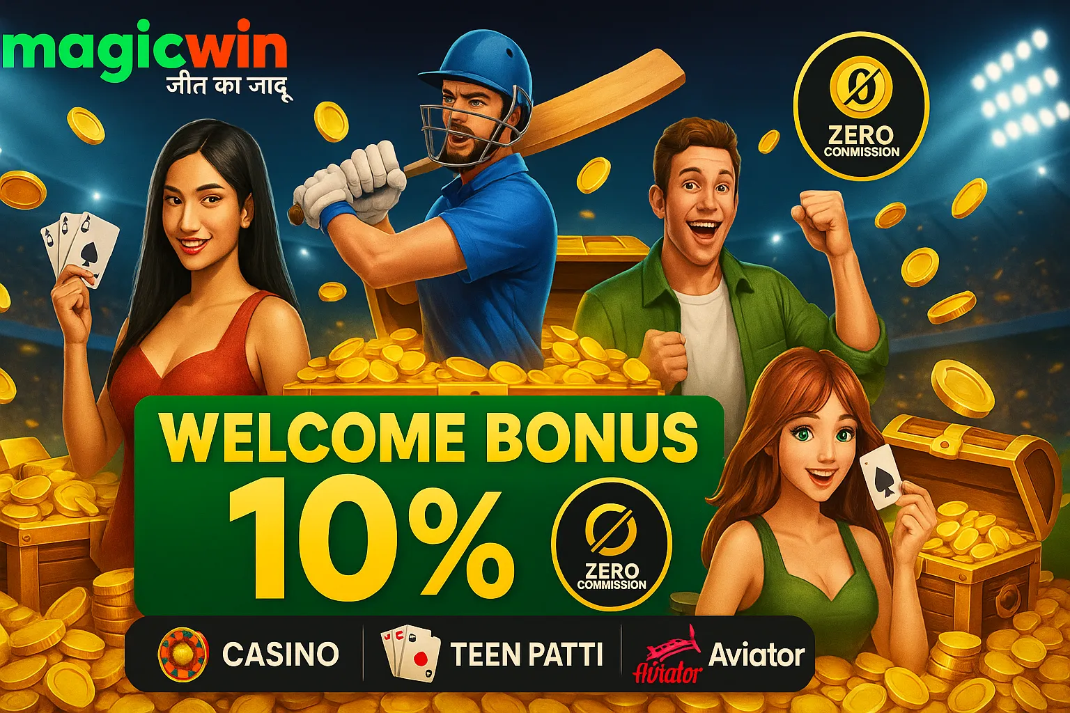 MagicWin home page update with welcome bonus 10%, zero commission icon