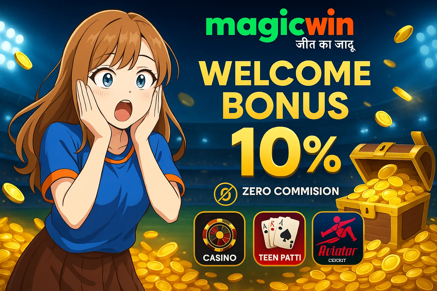 MagicWin 98 promotional banner showcasing Welcome Bonus 10%, Zero Commission