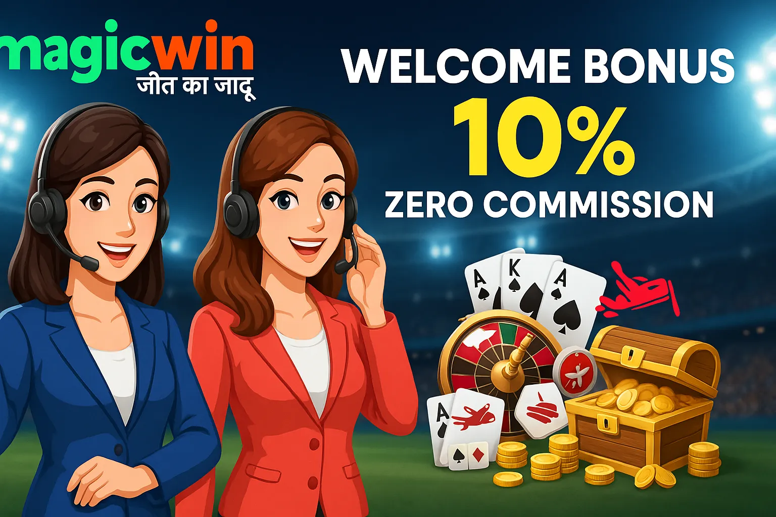 MagicWin Viral Ads campaign banner showing Welcome Bonus 10% and Zero Commission with casino, Teen Patti, Aviator, Roulette, coins and stadium background.