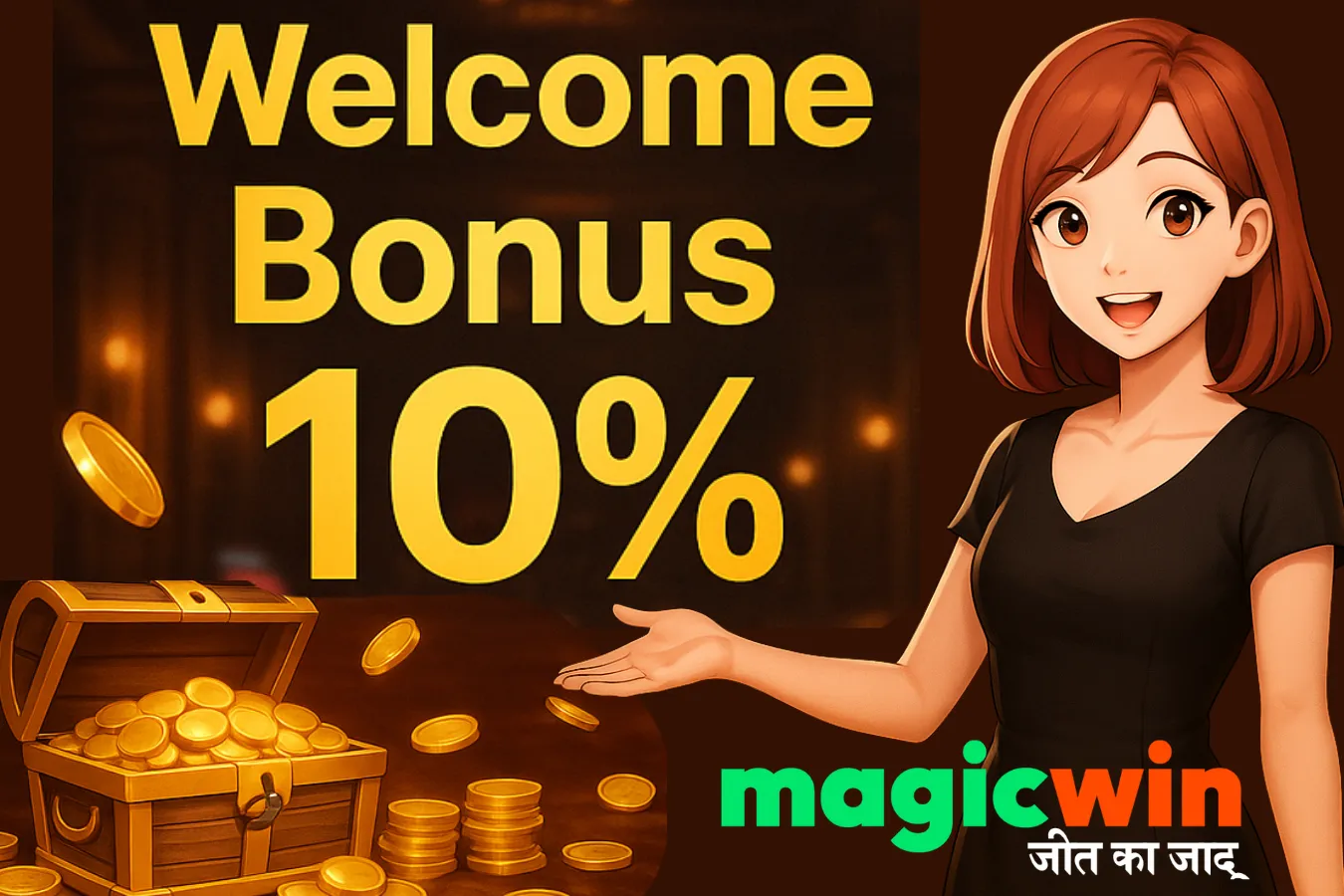 MagicWin Curacao eGaming license banner with logo, players, casino background, and treasure chest representing licensing authority.