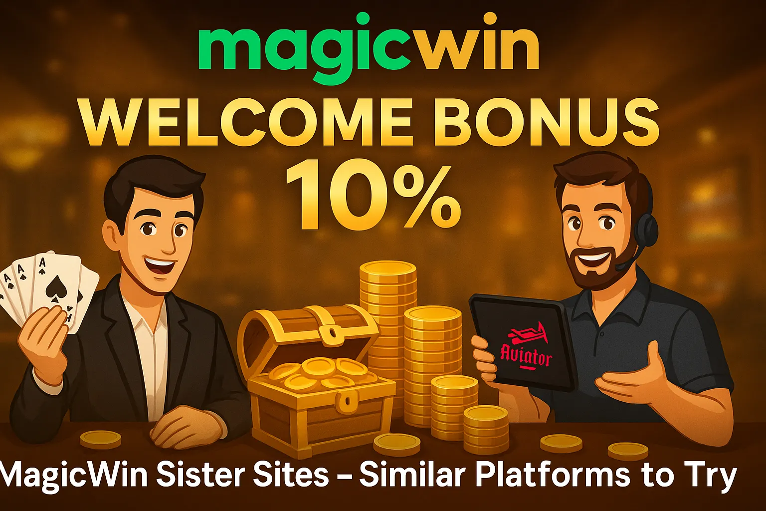 MagicWin sister sites banner showing similar platforms with coins, casino theme, and welcoming players.