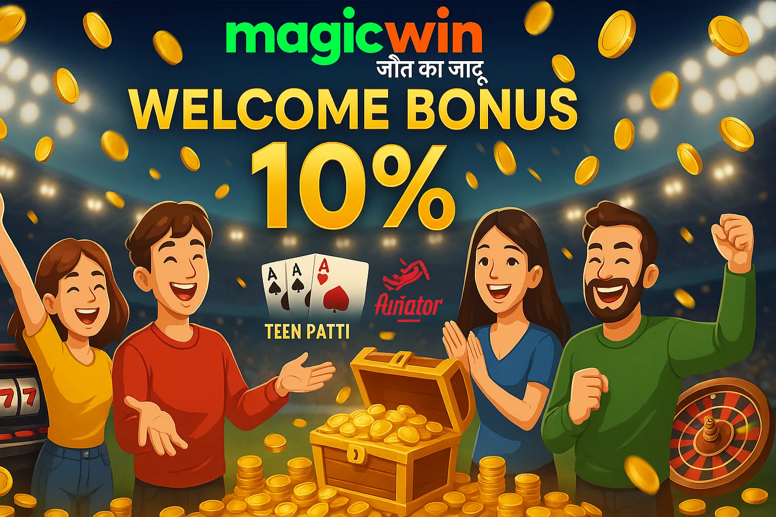 MagicWin company and team info banner with logo, coins, and treasure chest representing ownership details.