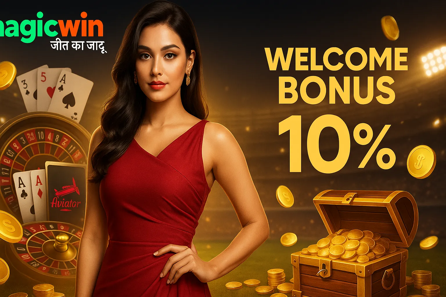 MagicWin Ad Actress promoting casino welcome bonus 10% with roulette, cards, and treasure chest.