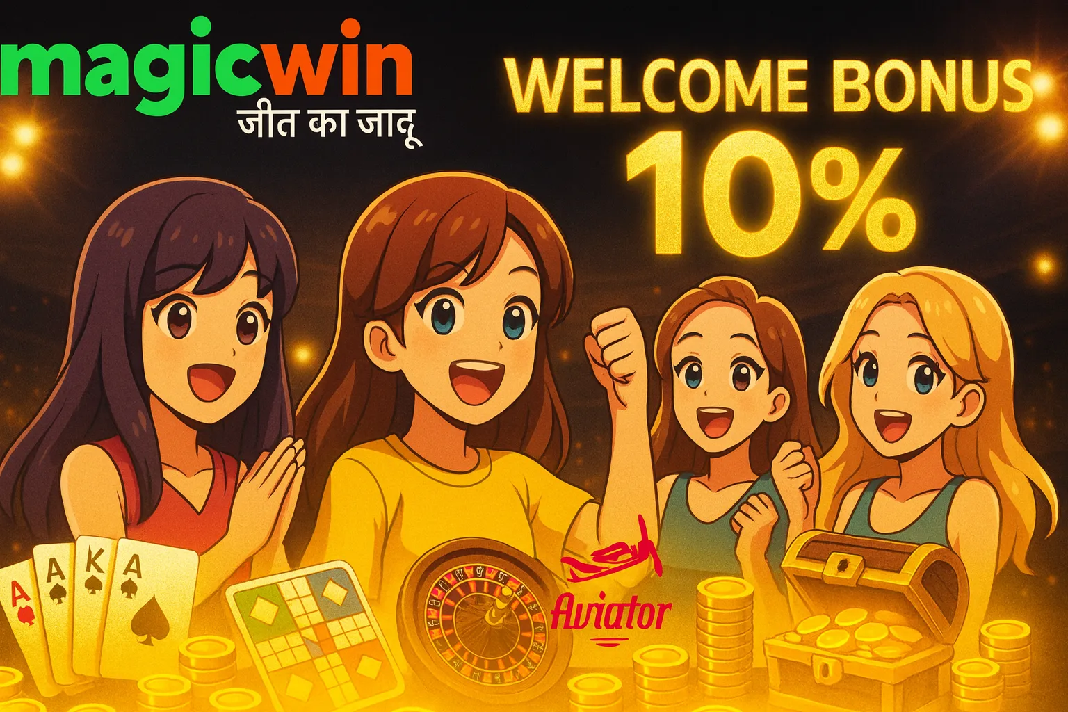 "MagicWin Promotional Girl 2025 with casino games, Welcome Bonus 10% and Zero Commission offer."