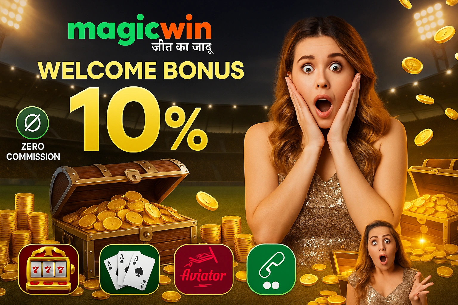 MagicWin live chat support banner showing welcome bonus 10%, zero commission