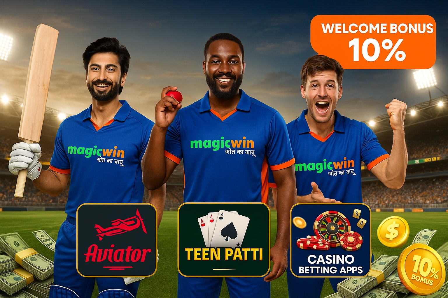 MagicWin cricket-themed promo banner showing