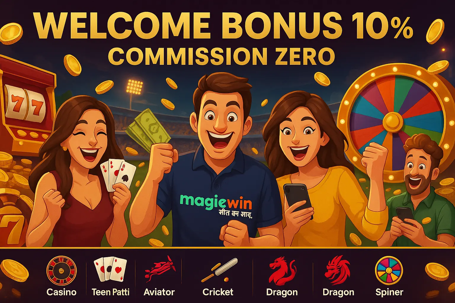 MagicWin cartoon players enjoying games with welcome bonus 10% and zero commission