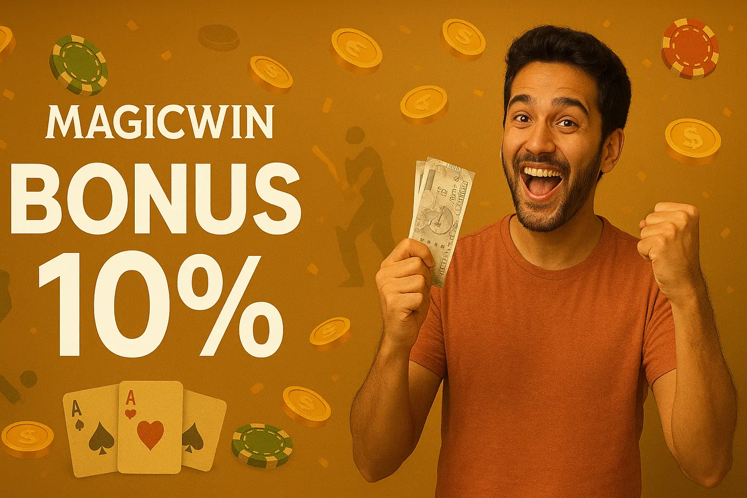 "MagicWin 10% bonus banner with excited player holding Indian rupees, poker chips, playing cards, cricket and casino background"