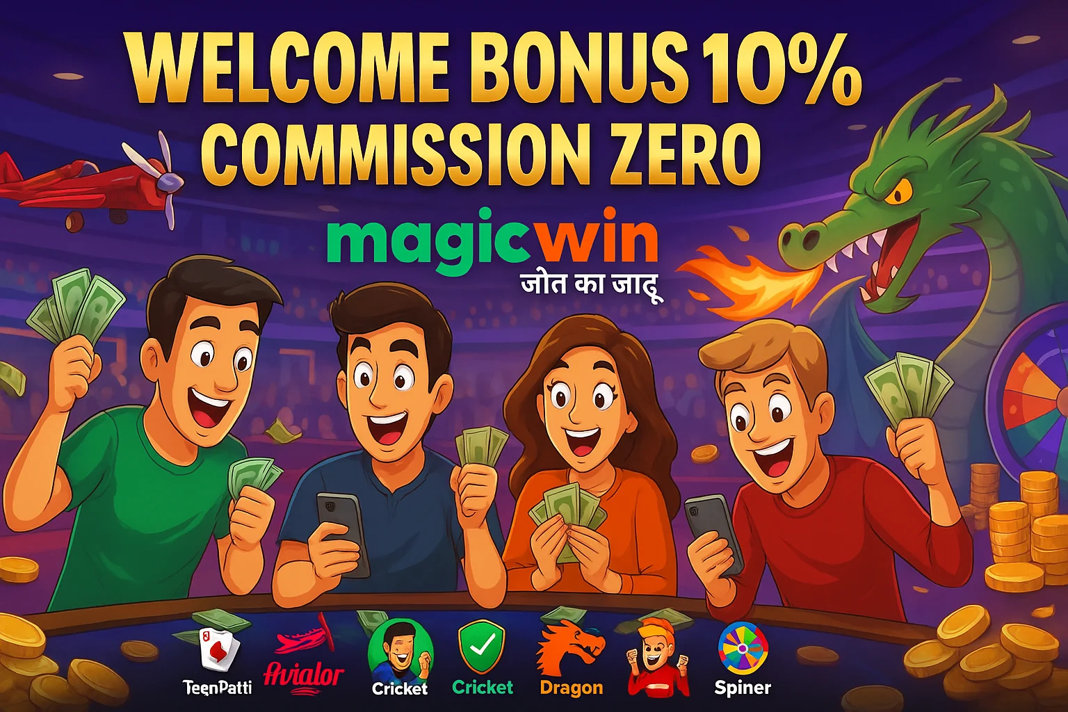 MagicWin welcome bonus 10% and zero commission gaming banner with happy players