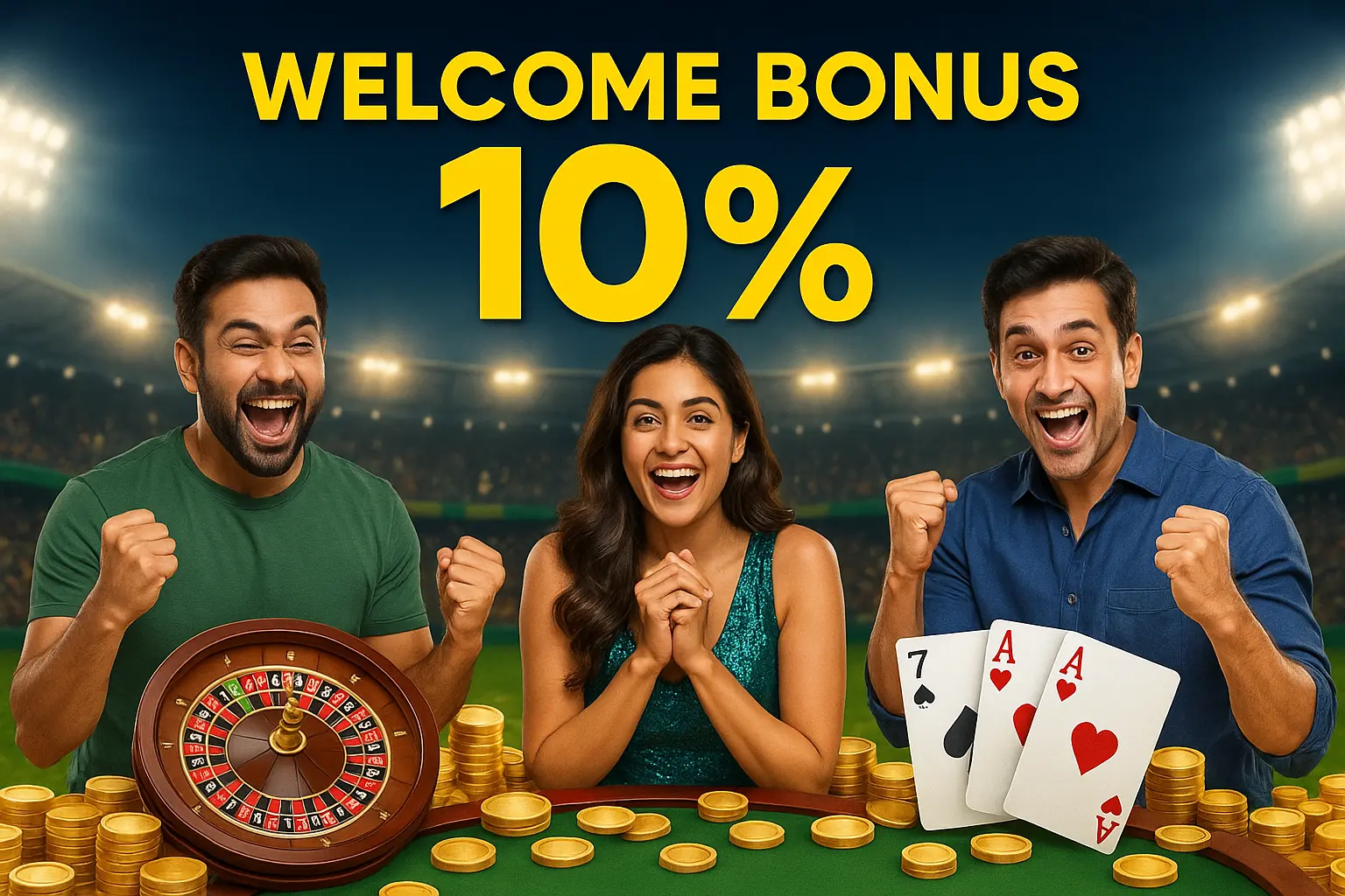 MagicWin promotional banner featuring welcome bonus 10%, excited players in a stadium background with casino games like Teen Patti, Aviator, and money coins.