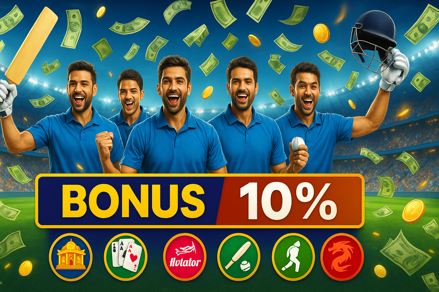 Excited cricket players celebrating in a stadium with audience, flying money, coins, and bold 10% bonus banner alongside casino, teen patti, aviator, cricket, and dragon game icons.