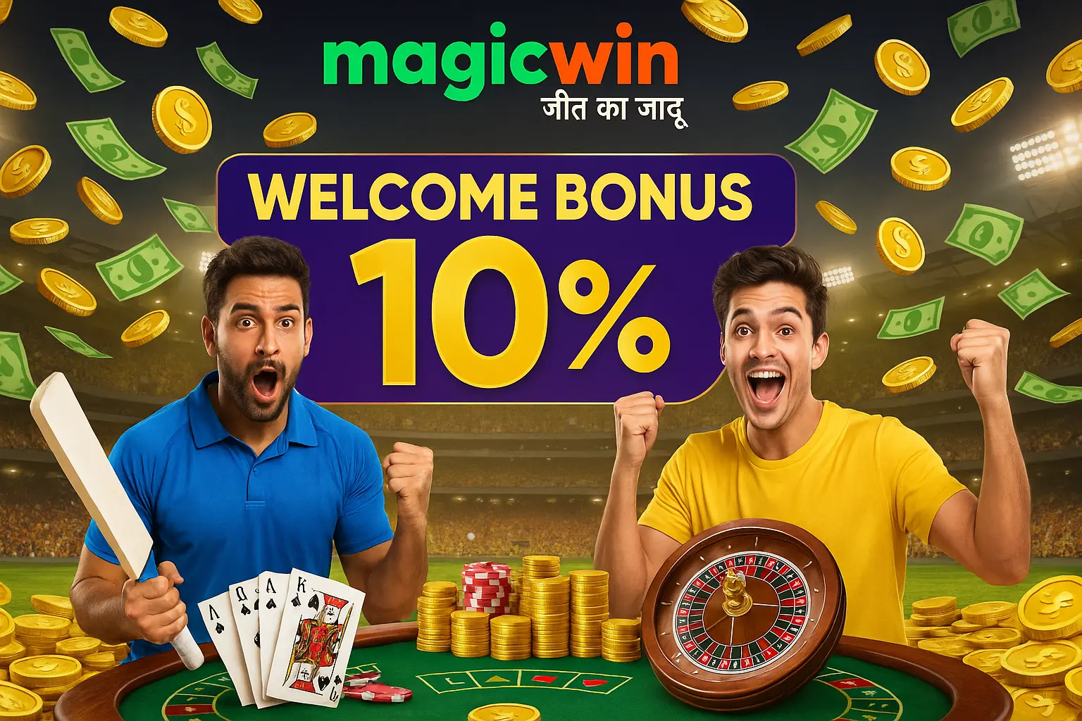 MagicWin welcome bonus 10% promotional banner featuring cricket player, casino games like Teen Patti, Aviator
