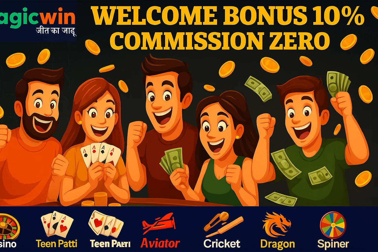 MagicWin welcome bonus 10% and zero commission