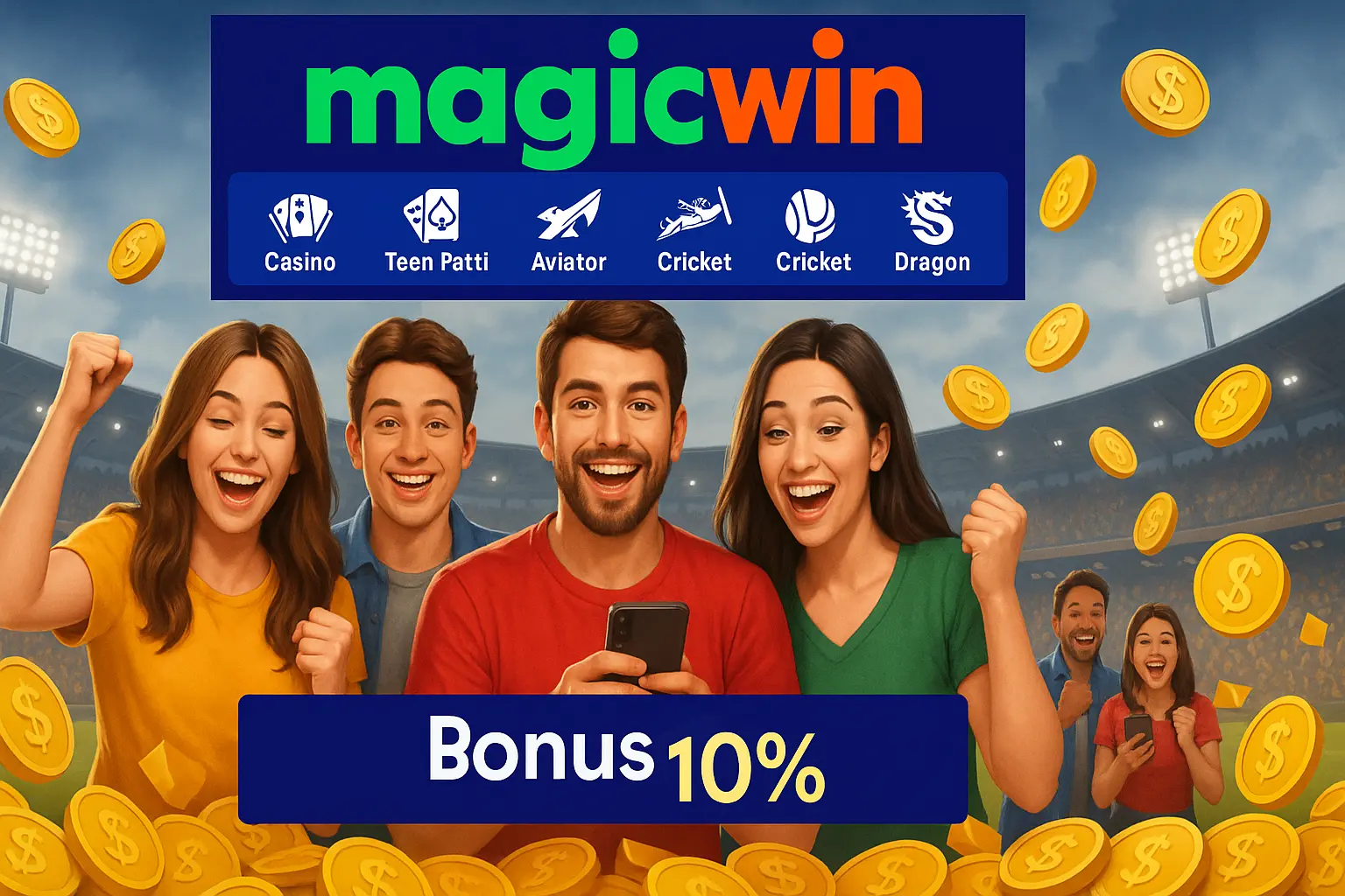 money and stadium background, audience, and gaming icons like casino, teen patti, aviator, cricket, and dragon