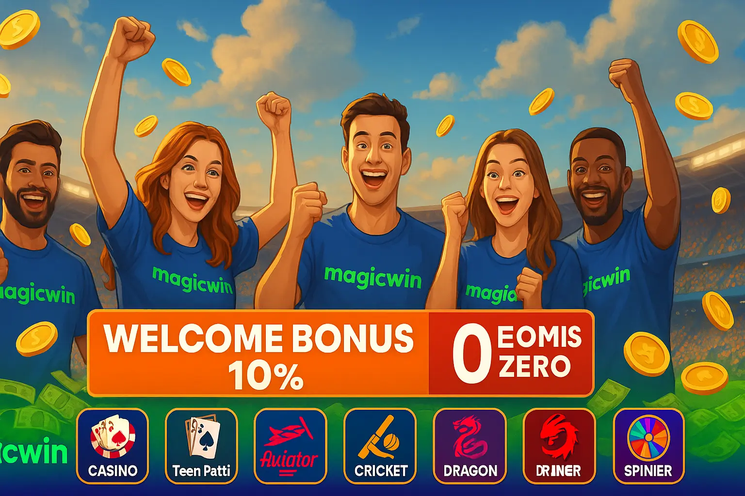 Promotional MagicWin featured banner with happy players in MagicWin dress, welcome bonus 10%, zero commission, money clouds, and gaming icons like casino, teen patti, aviator, cricket, dragon, and spinner