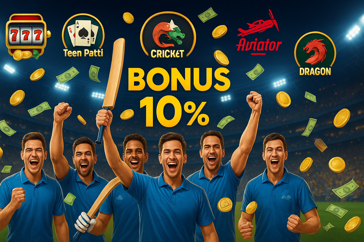 MagicWin 10% bonus with casino, teen patti, aviator, cricket, and dragon