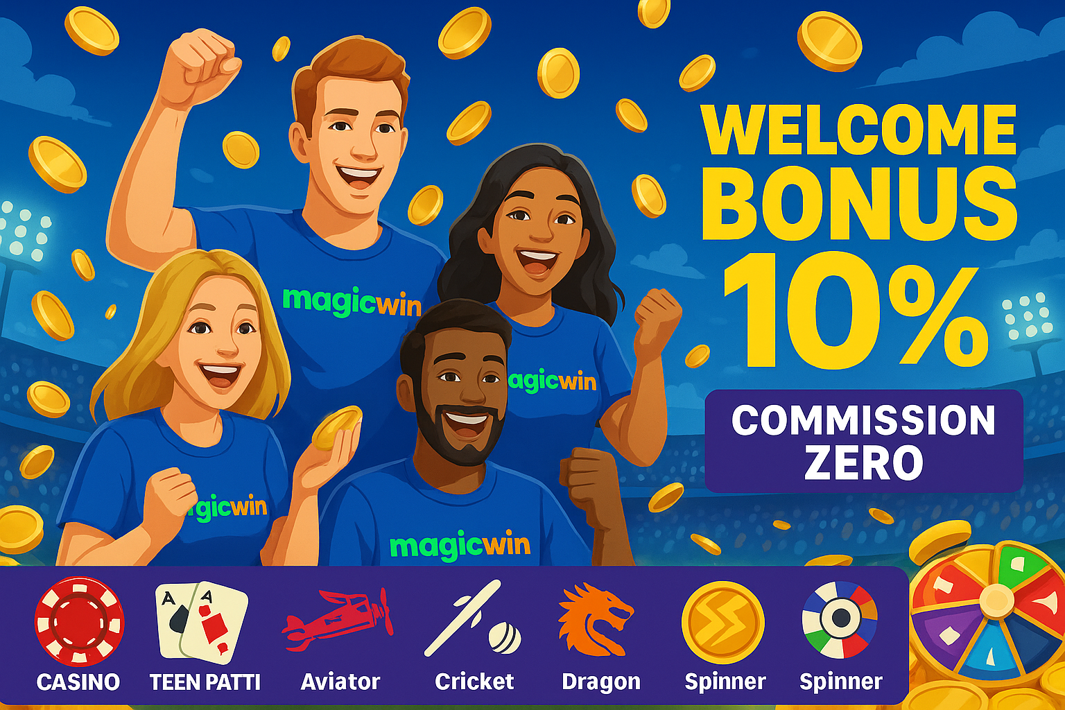 "MagicWin featured banner with welcome bonus 10%, commission zero, happy players in MagicWin dress, stadium audience, money, gaming icons and spinner."