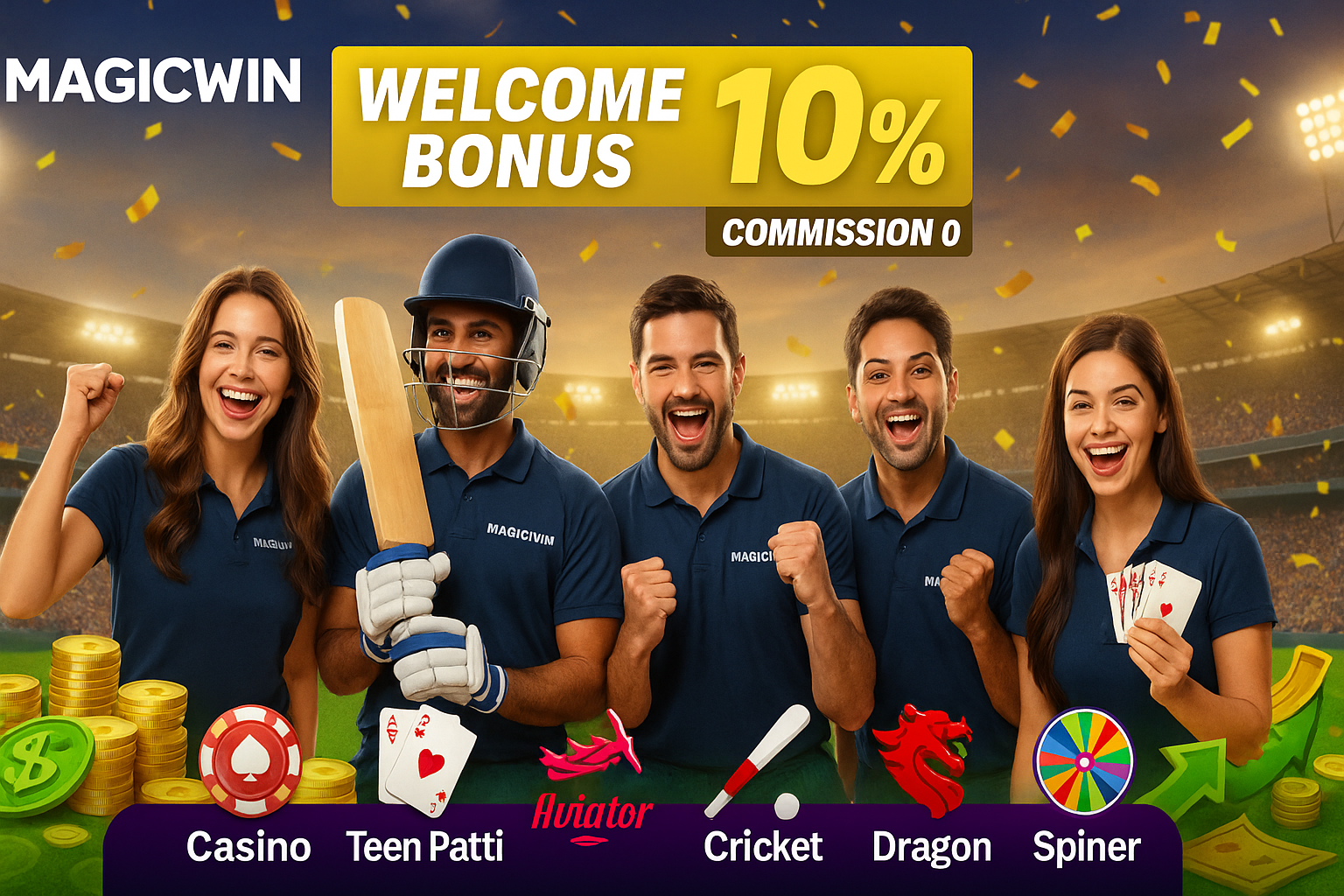 "MagicWin featured banner showing Welcome Bonus 10% and Zero Commission with happy players in a cricket stadium, casino and gaming icons"