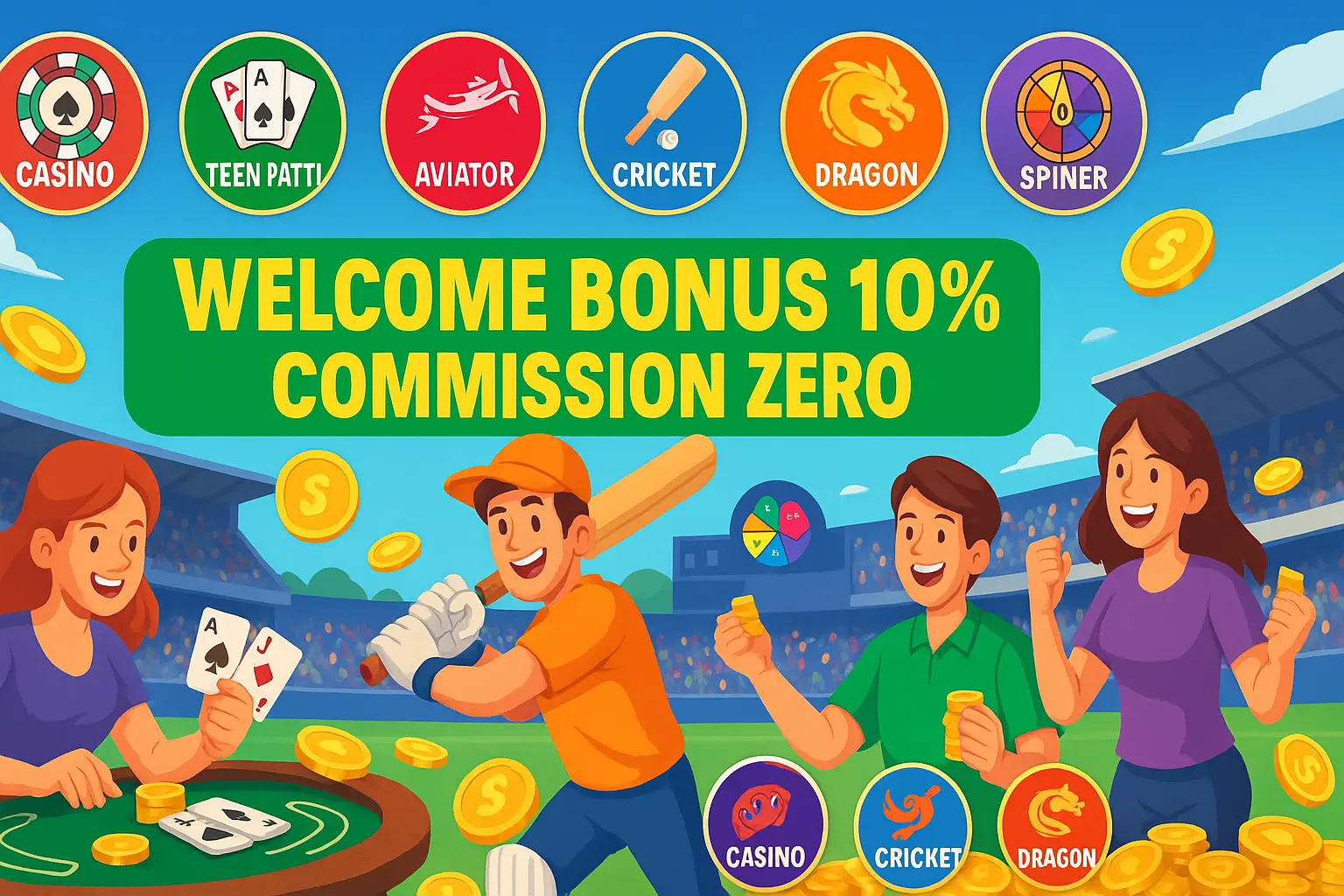 MagicWin welcome bonus 10% promotion with players, cricket, and casino games background