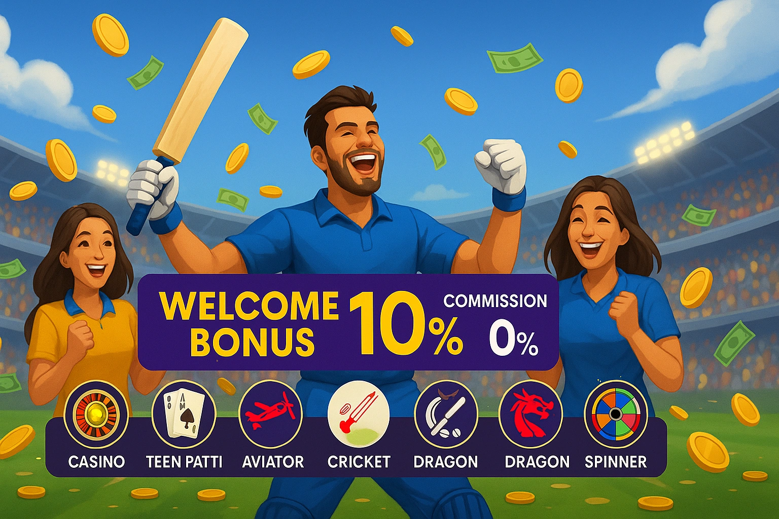 "MagicWin featured cricket betting banner with welcome bonus 10%, zero commission, happy players, audience, and casino game icons"