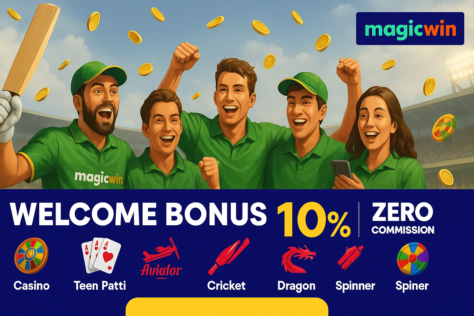 "MagicWin featured image with cricket players, welcome bonus 10%, zero commission, money background, casino and gaming icons"