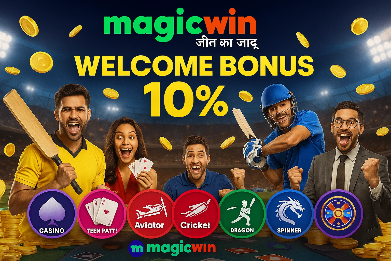 MagicWin welcome bonus 10% with zero commission, cricket players and casino banner