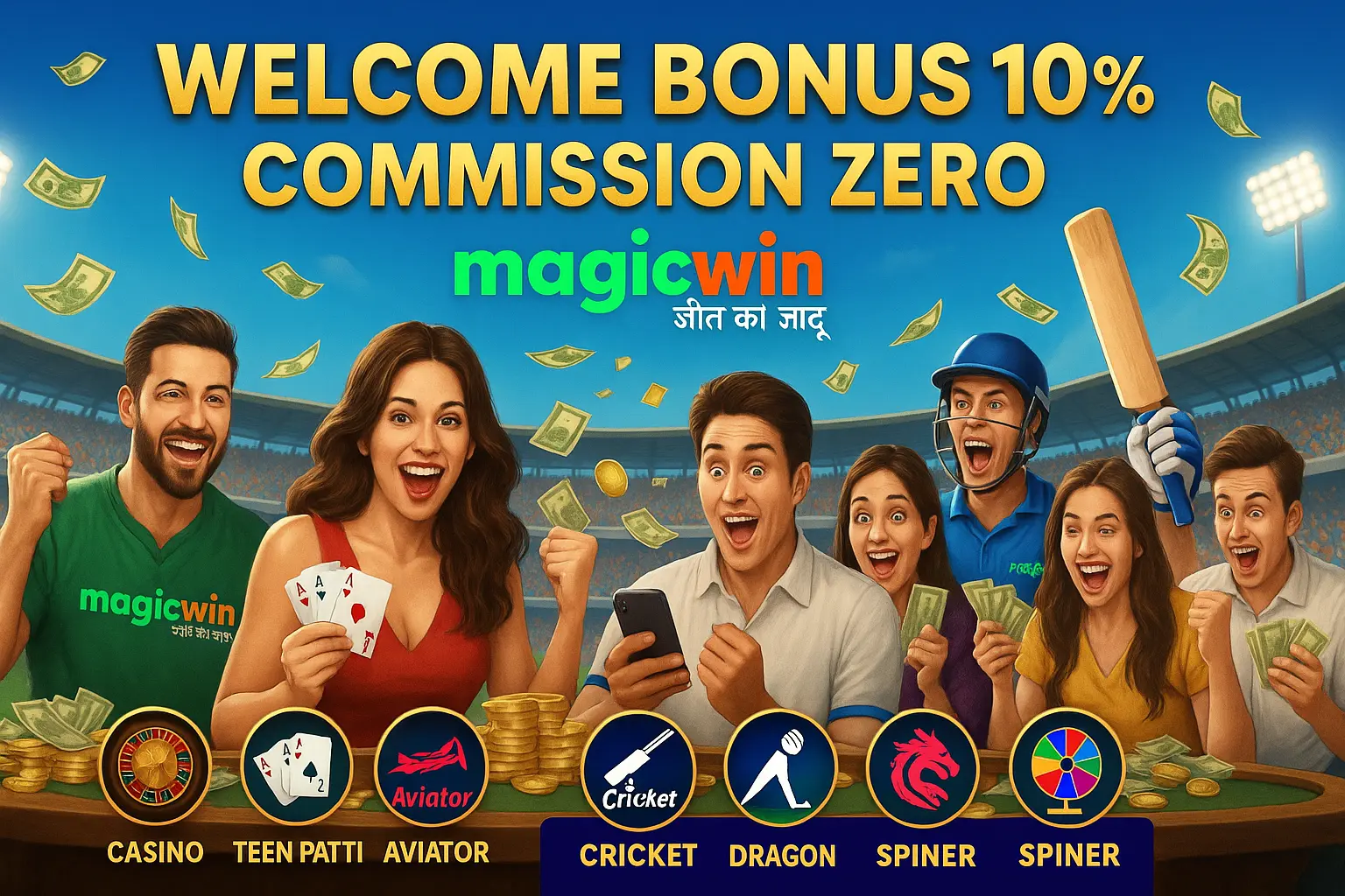MagicWin welcome bonus 10% and zero commission with happy players in stadium background.