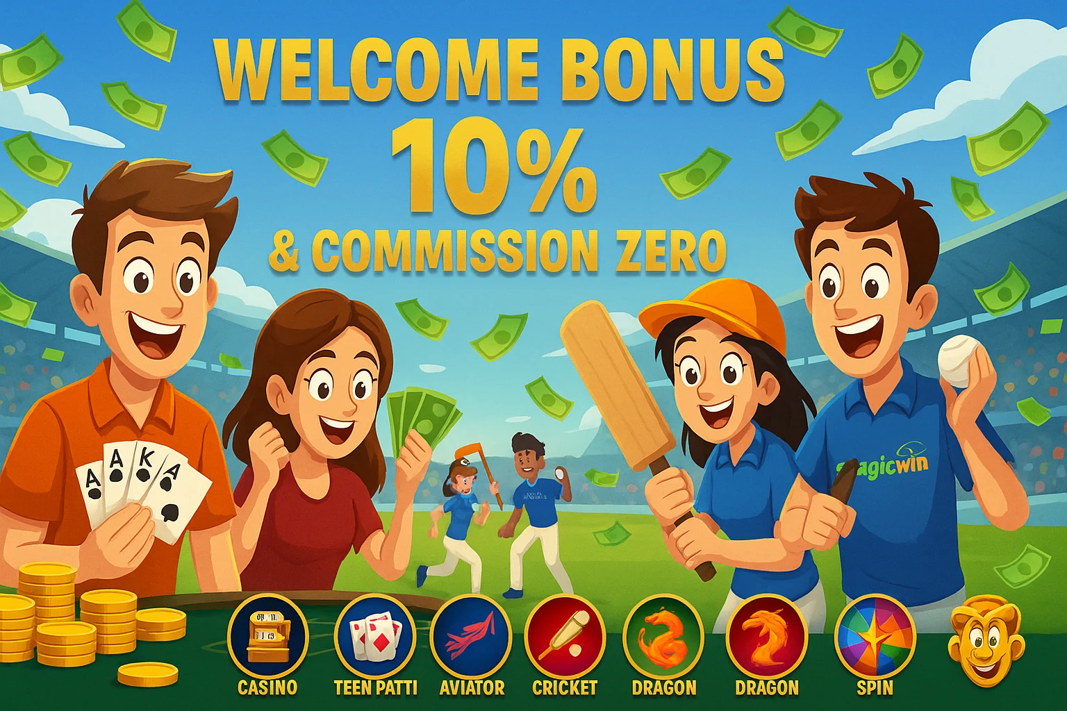 MagicWin cartoon players enjoying games with welcome bonus 10% and zero commission