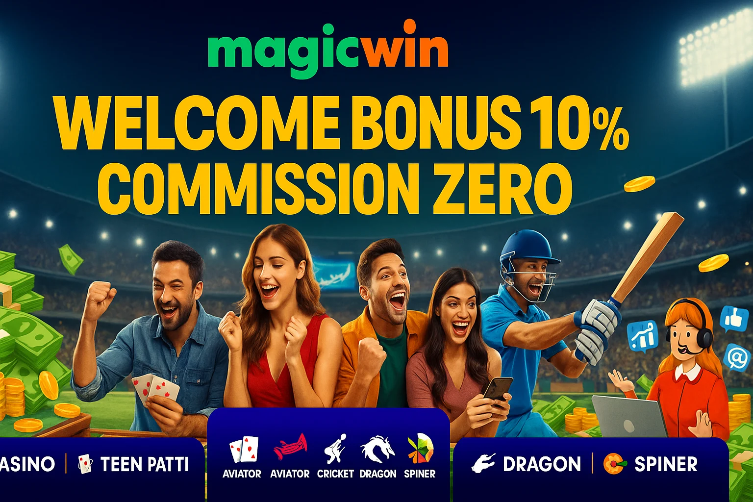 "MagicWin featured image with welcome bonus 10% and zero commission in stadium background"