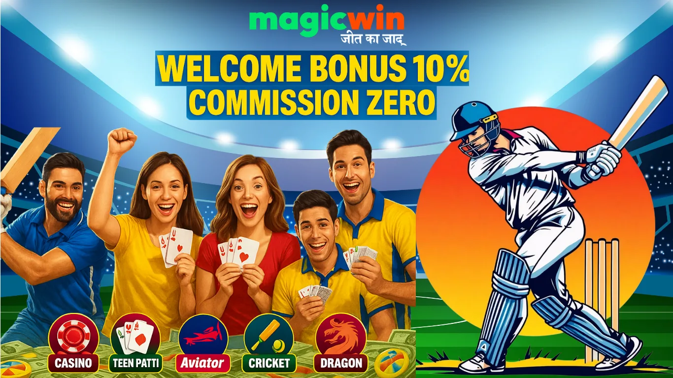 "MagicWin promotional digital graphic featuring welcome bonus 10%, zero commission, stadium background, real players, and casino game icons"