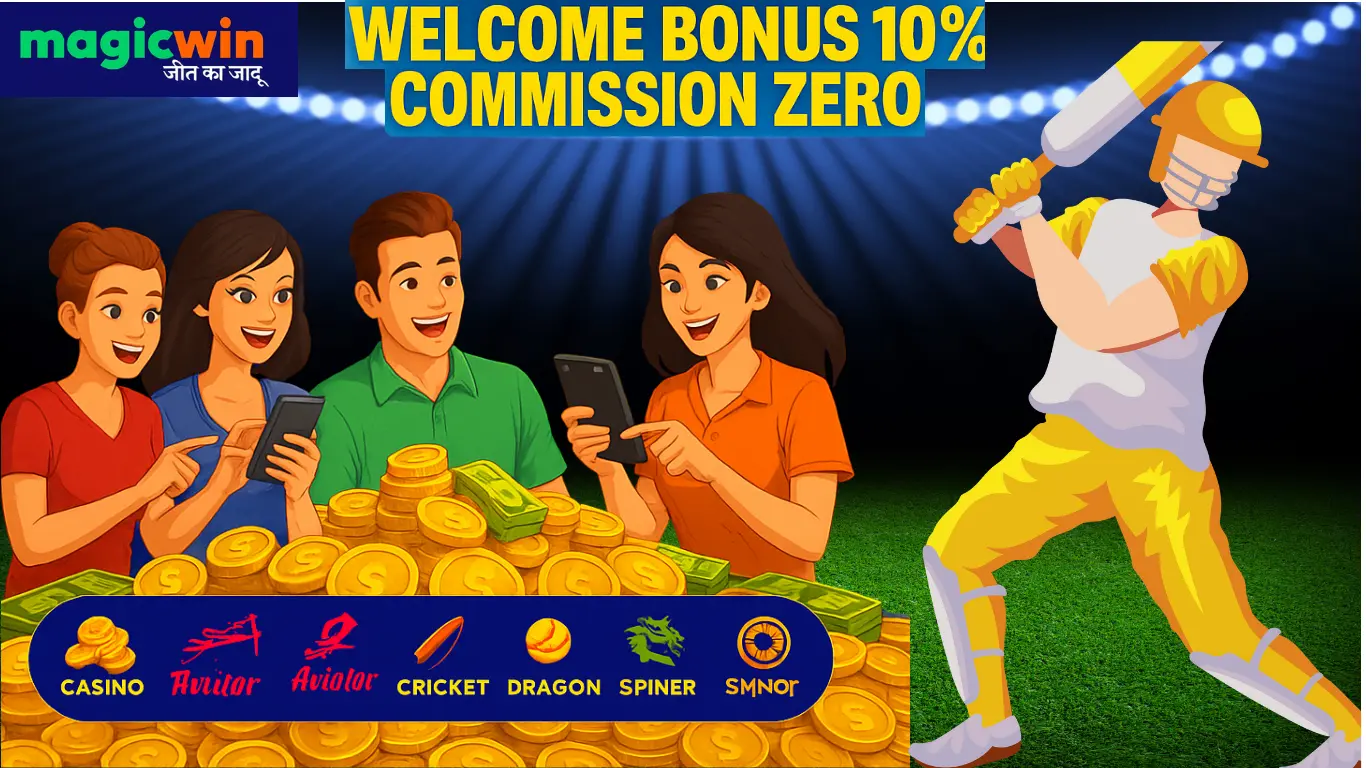 "MagicWin featured image with welcome bonus 10% and zero commission in stadium background"