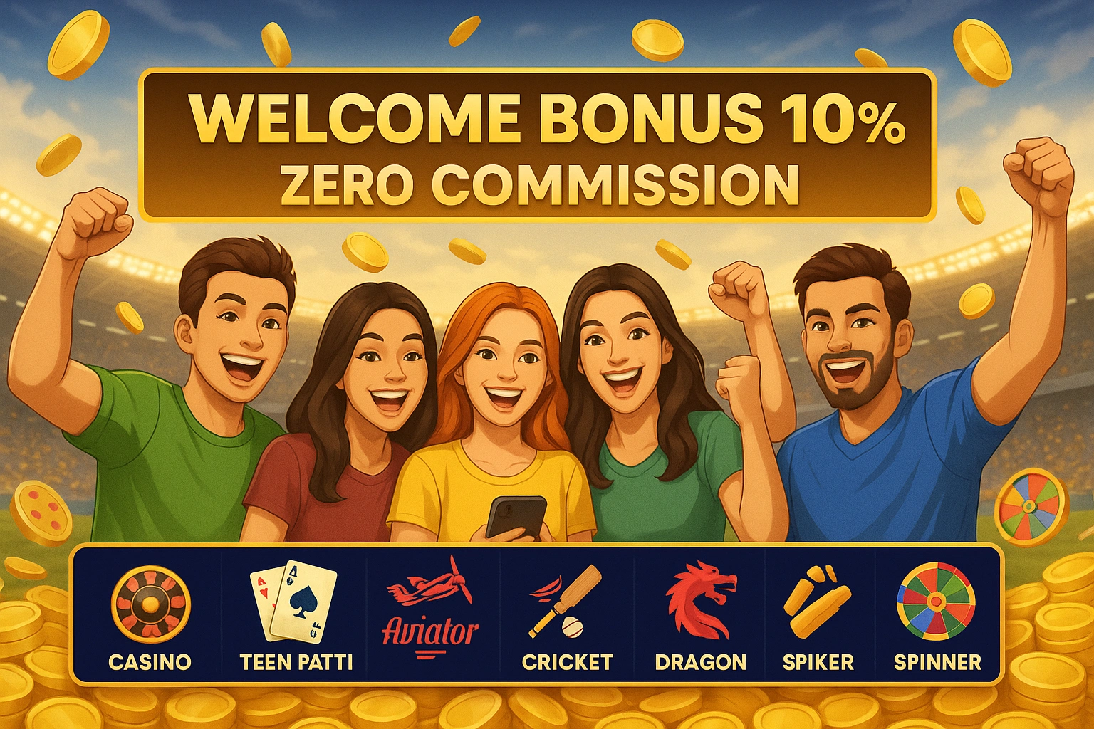 Happy group of players with MagicWin welcome bonus 10% and zero commission, surrounded by money and gaming icons like casino, teen patti, aviator, cricket, dragon, and spinner in a vibrant stadium background.