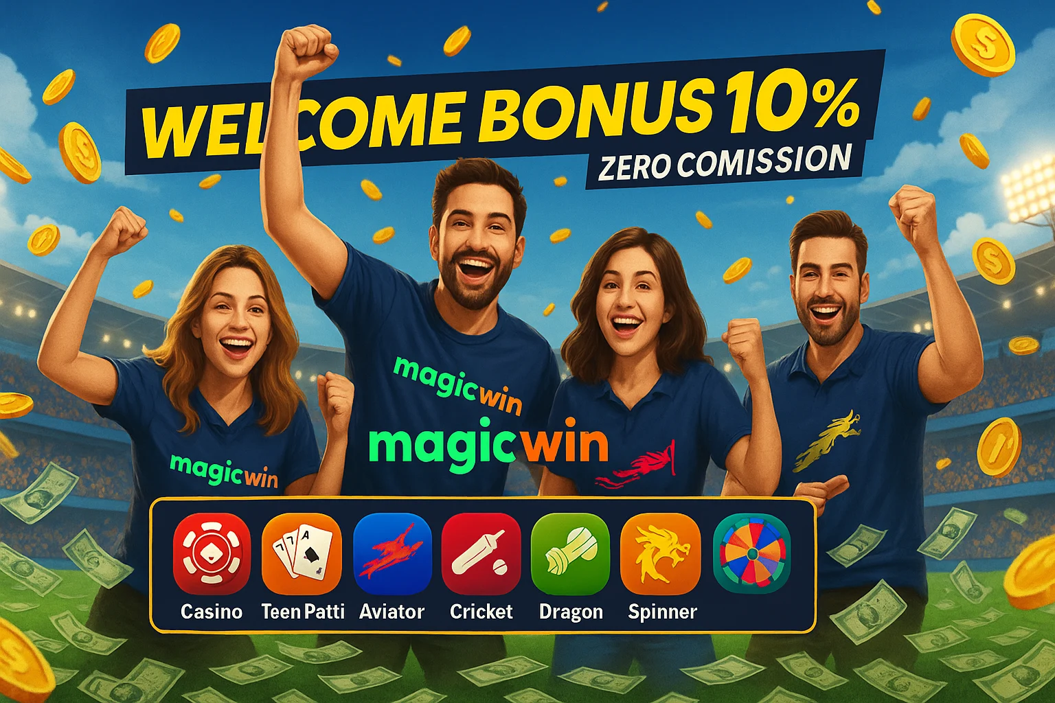 MagicWin featured banner with welcome bonus 10%, zero commission, happy players in MagicWin dress, money, audience, and gaming icons.