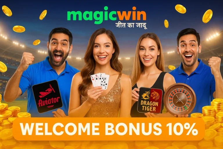 MagicWin welcome bonus 10% banner featuring cricket players, casino games, Teen Patti, Aviator
