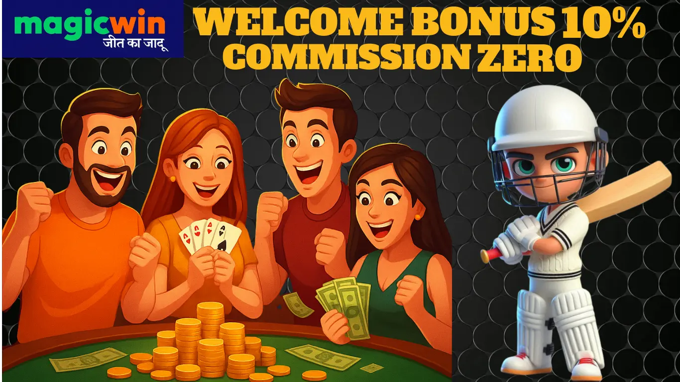 MagicWin welcome bonus 10% and zero commission with happy players and cricket theme.