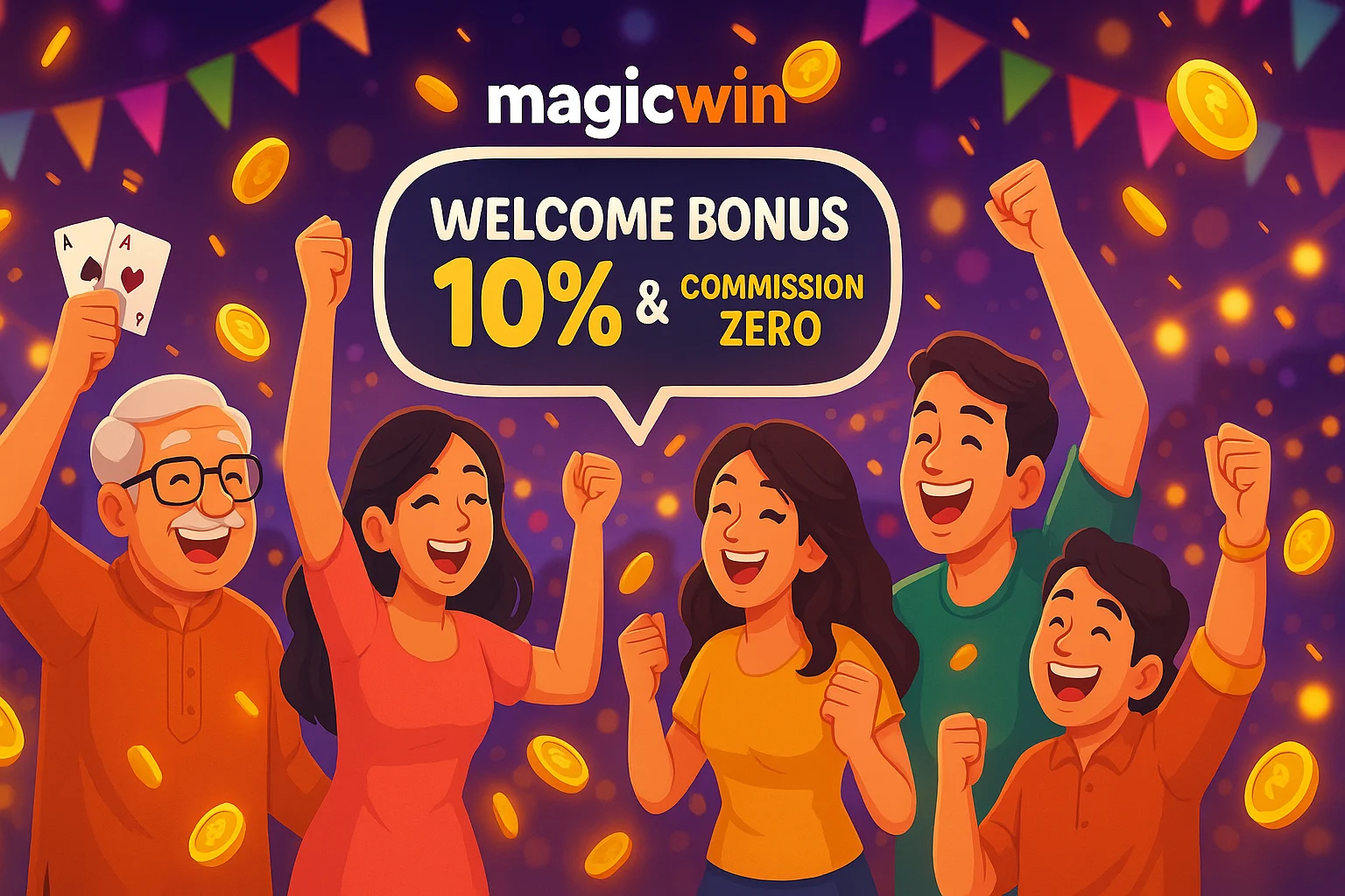 MagicWin festive celebration with players enjoying welcome bonus 10% and commission zero offer.