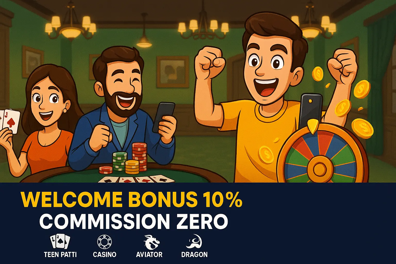 MagicWin welcome bonus 10% and commission zero with Teen Patti, Casino, Aviator, Dragon Spiner games.