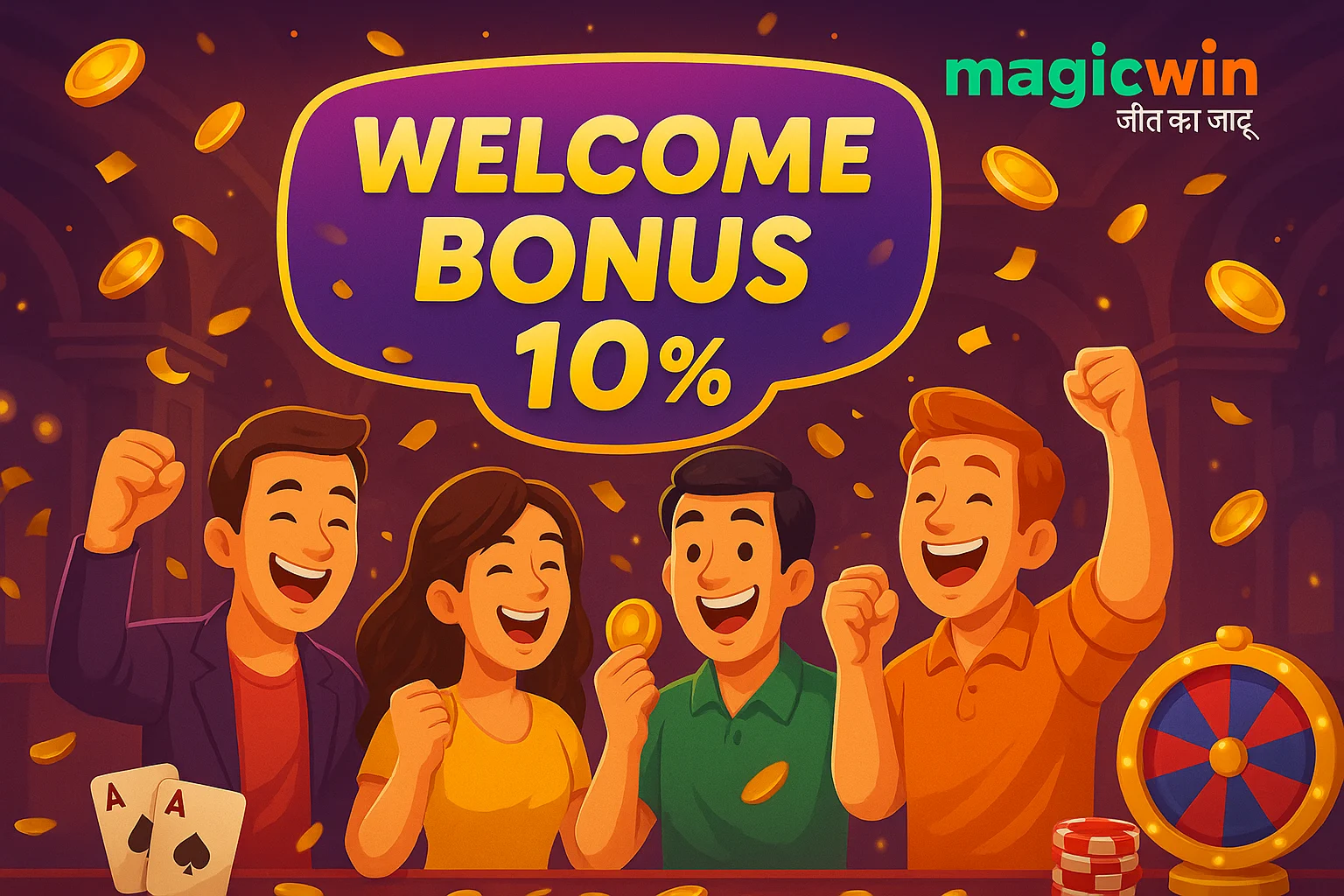 MagicWin casino promo with happy players, welcome bonus 10%, floating coins, and MagicWin logo.