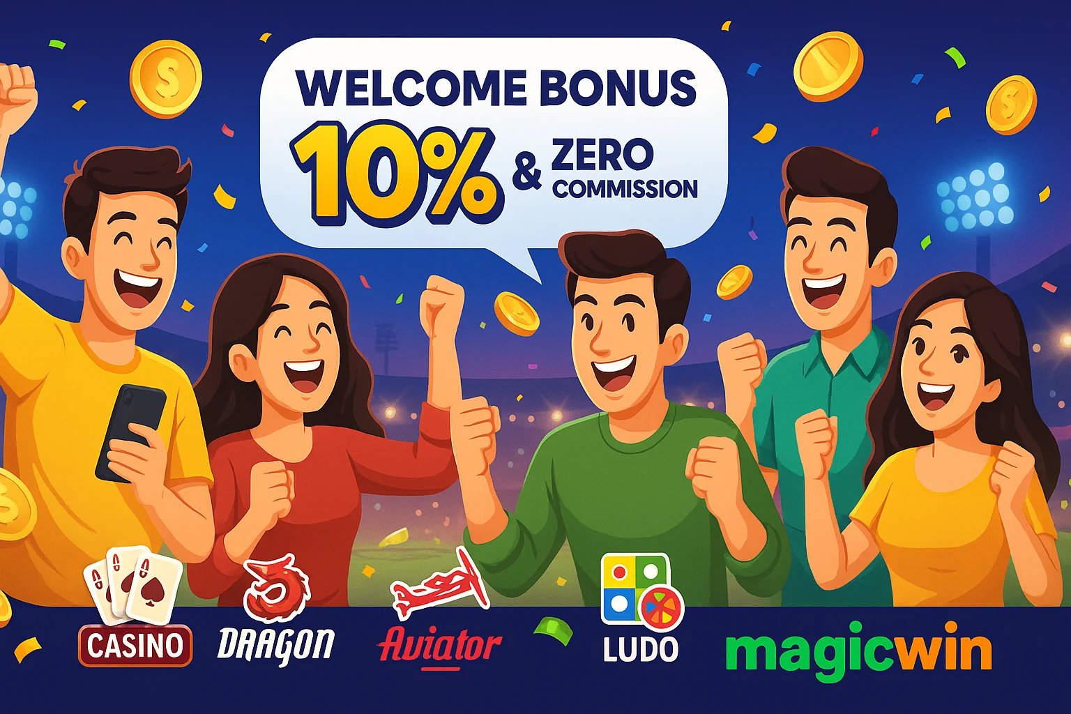 MagicWin welcome bonus 10% and zero commission with happy youngsters celebrating casino, dragon, aviator, and ludo games