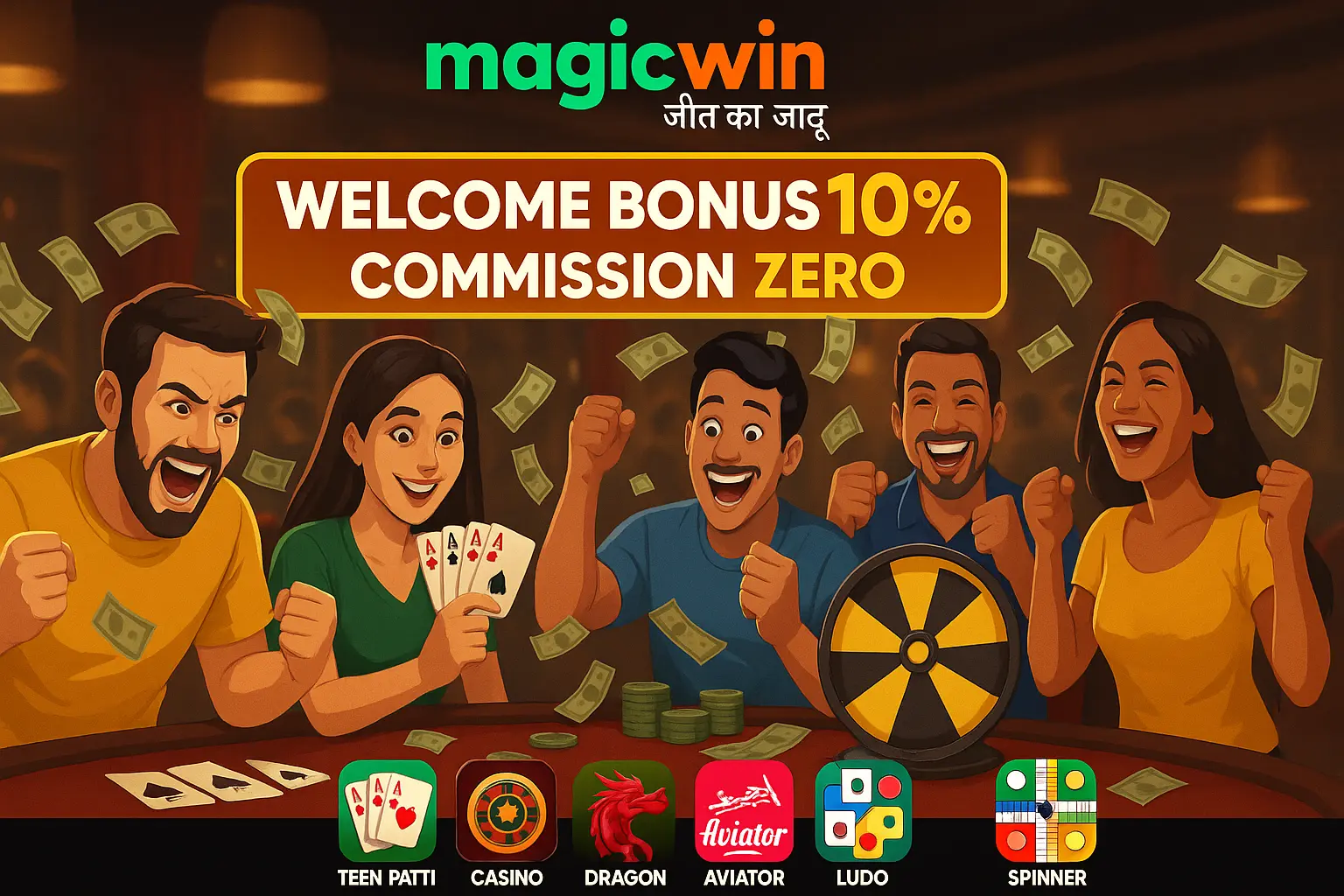MagicWin welcome bonus 10% and commission zero with Teen Patti, Casino, Dragon, Aviator, Ludo, Spinner games