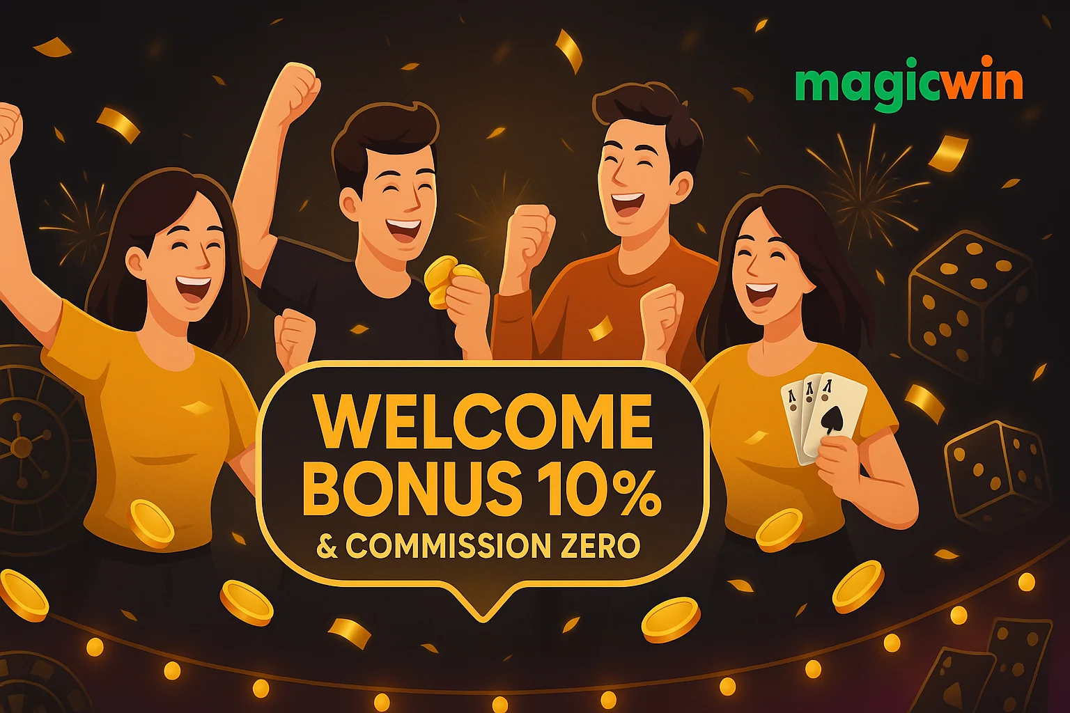 MagicWin professional banner with welcome bonus 10% and commission zero, golden theme with happy players and casino icons.