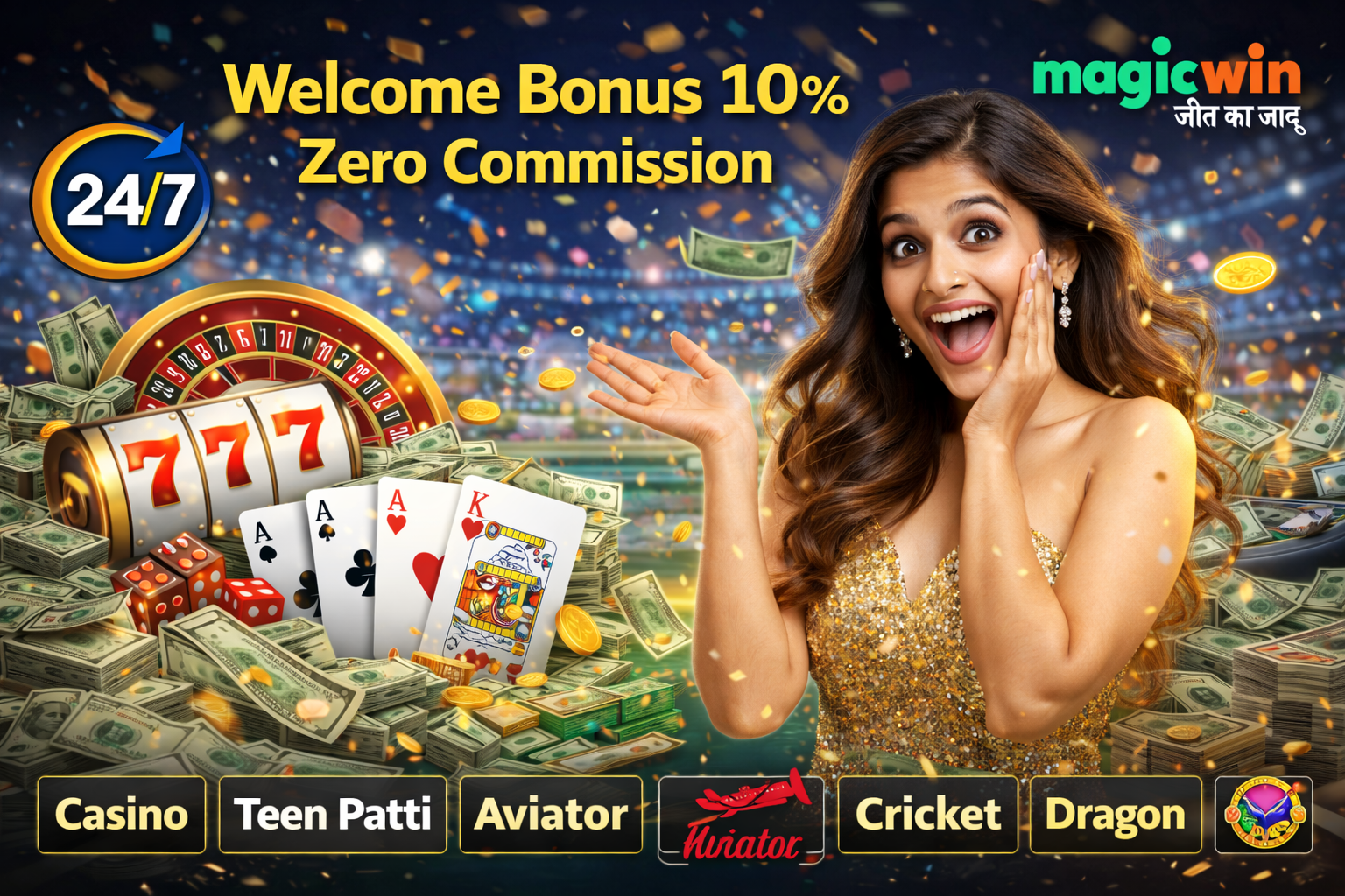 A surprised woman presenting online casino games with slot reels, playing cards, and stacks of money.